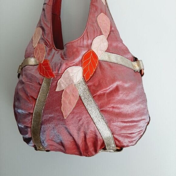 LOOP Boho Crossbody Hobo Leaf Applique Purse Shoulder Bag Mauve - Picture 4 of 15